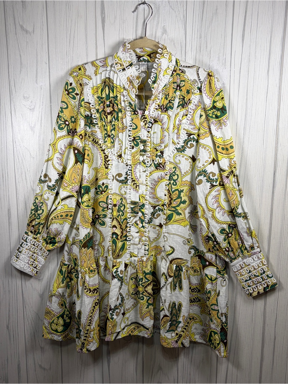 NWT AOXWOMEN XS Paisley Eyelet Trim Boho Babydoll Tunic Dress Cottagecore